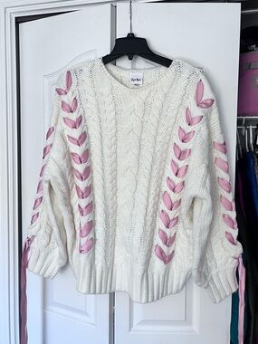 Style & Co. Cream Cable Knit Sweater with Pink Ribbon Lace-Up